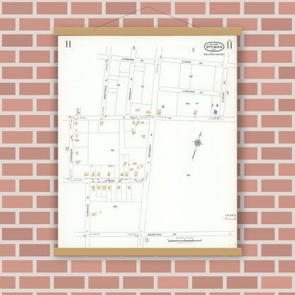 Old map wall art mockup — magnetic wood frame on brick wall — Sanborn Fire Insurance Map from Pitman, Gloucester County, New Jersey (1923), Sheet #0011