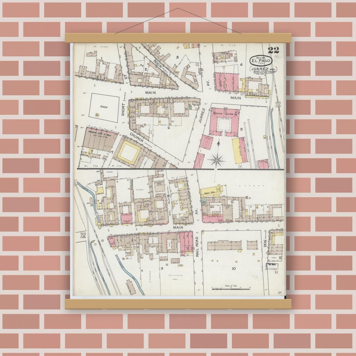 Old map wall art mockup — magnetic wood frame on brick wall — Sanborn Fire Insurance Map from El Paso, El Paso County, Texas (1893), Sheet #0022