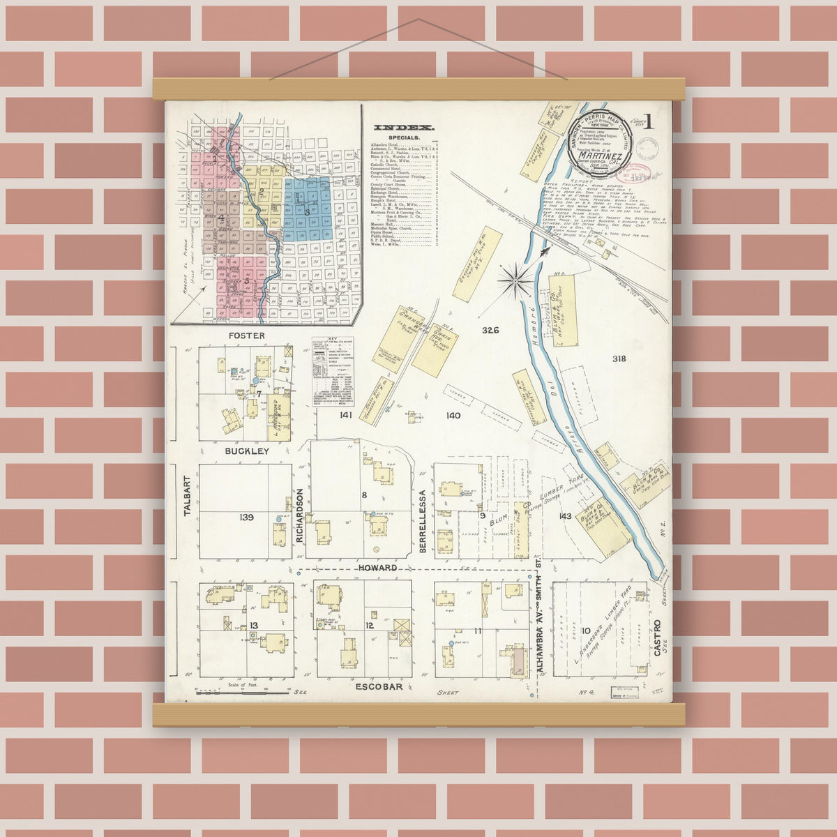 Old map wall art mockup — magnetic wood frame on brick wall — Sanborn Fire Insurance Map from Martinez, Contra Costa County, California (1891) - Complete Map Set