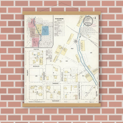 Old map wall art mockup — magnetic wood frame on brick wall — Sanborn Fire Insurance Map from Martinez, Contra Costa County, California (1891) - Complete Map Set