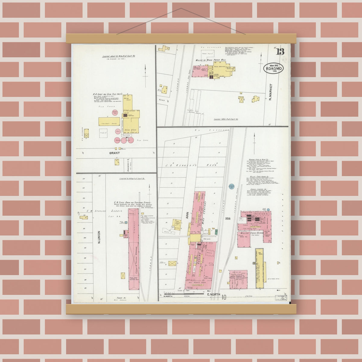 Old map wall art mockup — magnetic wood frame on brick wall — Sanborn Fire Insurance Map from Kokomo, Howard County, Indiana (1902), Sheet #0013