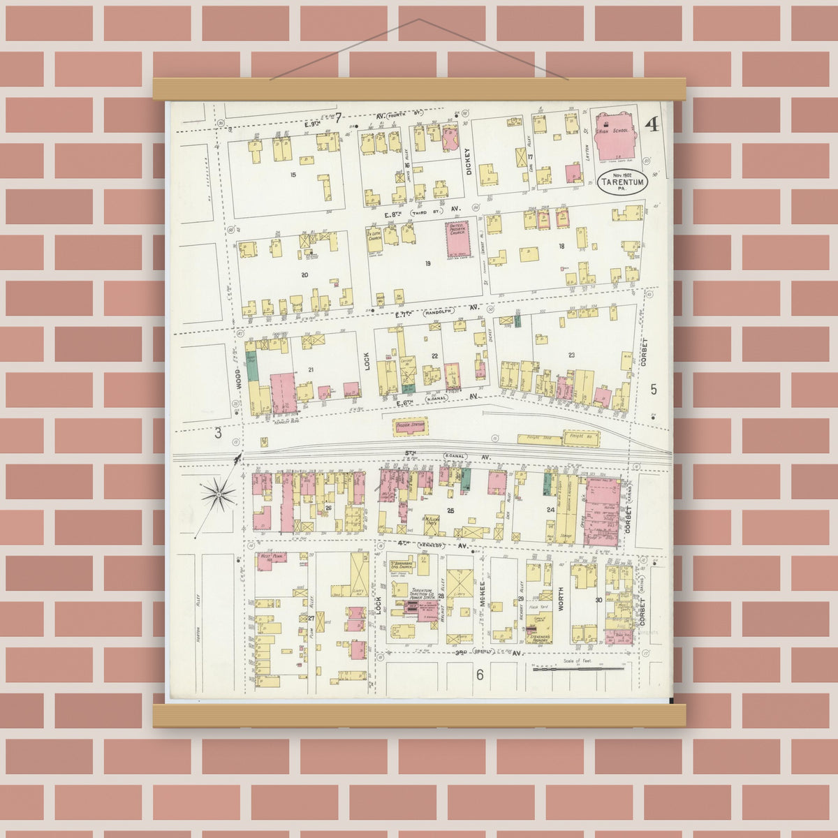 Old map wall art mockup — magnetic wood frame on brick wall — Sanborn Fire Insurance Map from Tarentum, Allegheny County, Pennsylvania (1902), Sheet #0004