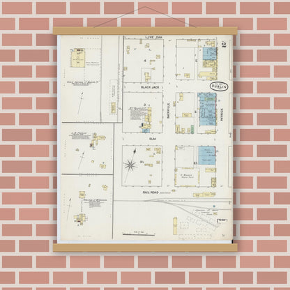 Old map wall art mockup — magnetic wood frame on brick wall — Sanborn Fire Insurance Map from Dublin, Erath County, Texas (1891), Sheet #0002