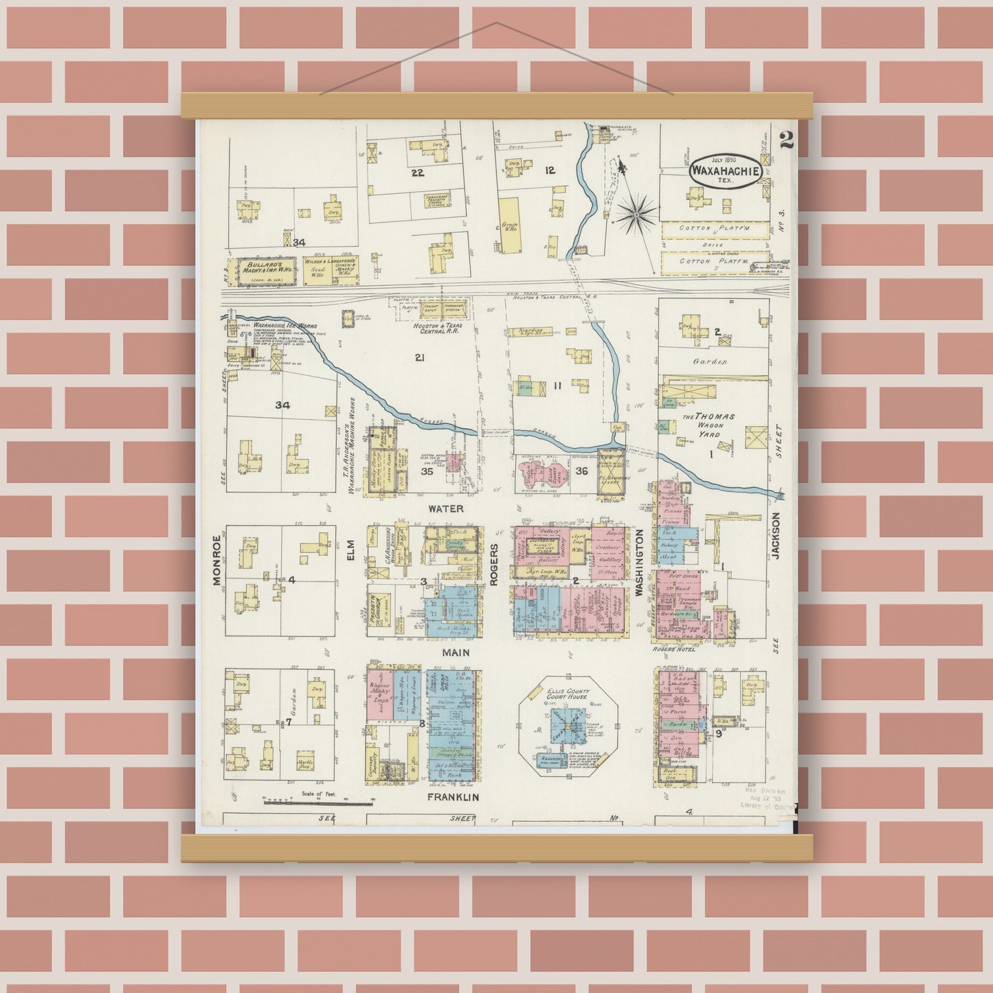 Old map wall art mockup — magnetic wood frame on brick wall — Sanborn Fire Insurance Map from Waxahachie, Ellis County, Texas (1890), Sheet #0002