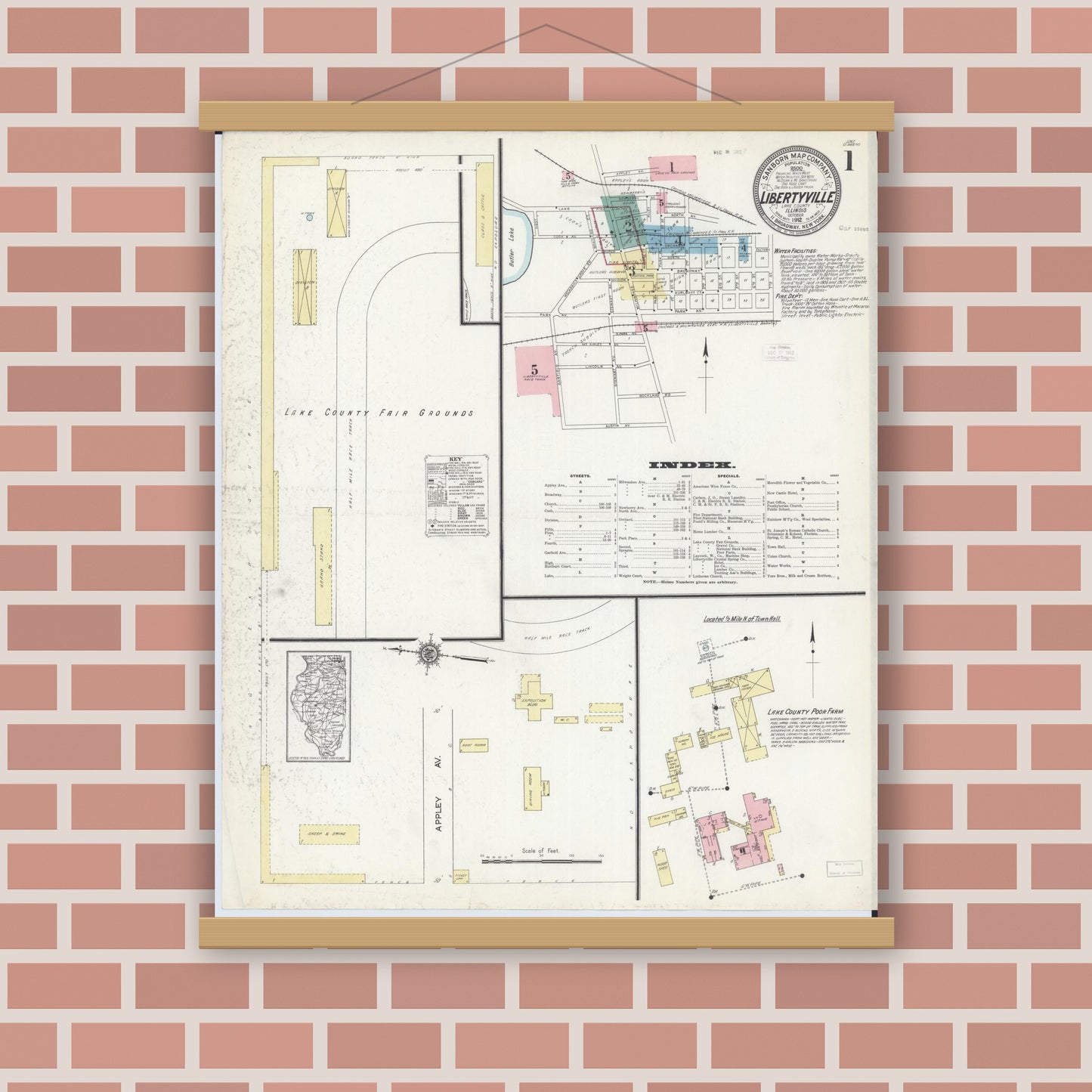 Old map wall art mockup — magnetic wood frame on brick wall — Sanborn Fire Insurance Map from Libertyville, Lake County, Illinois (1912) - Complete Map Set