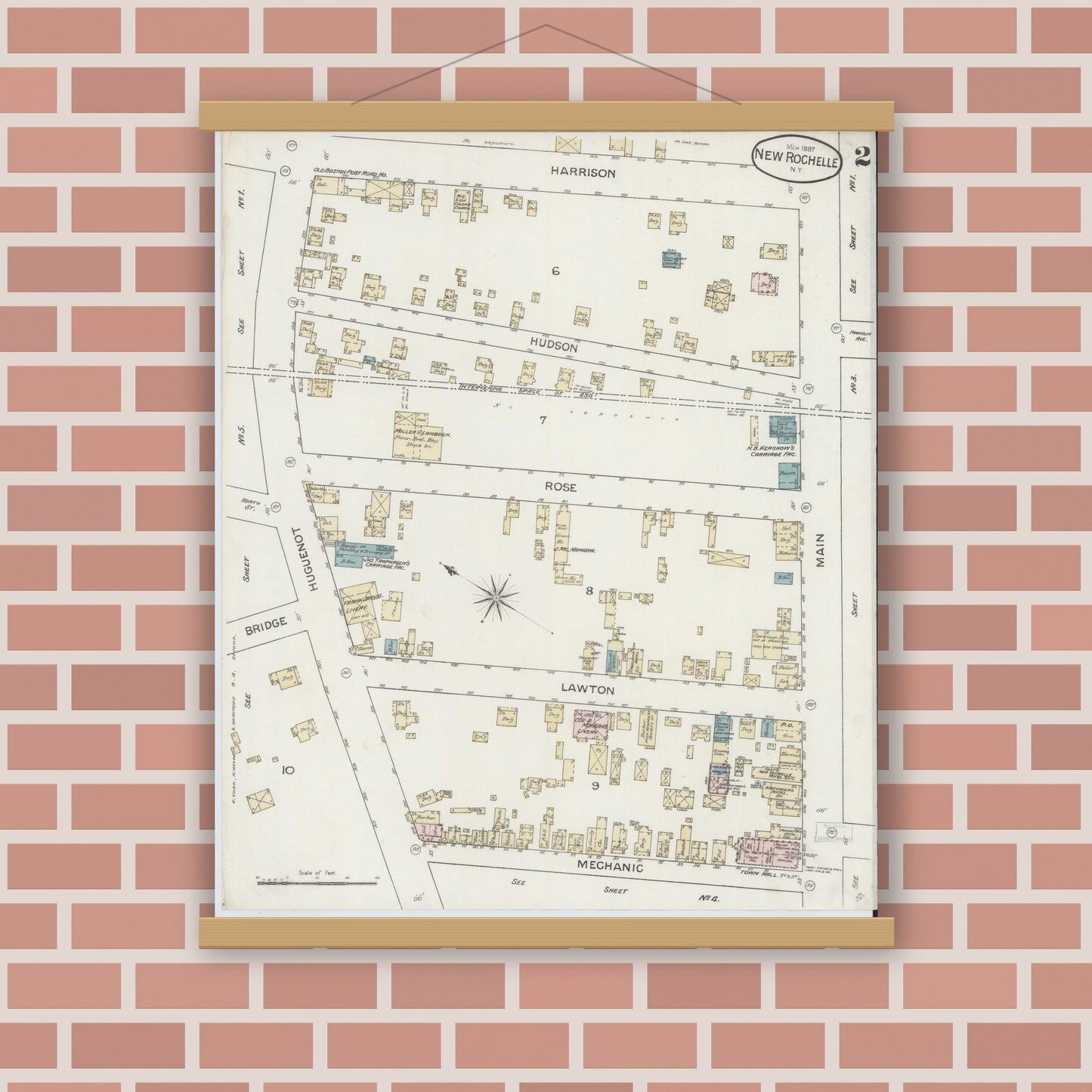 Old map wall art mockup — magnetic wood frame on brick wall — Sanborn Fire Insurance Map from New Rochelle, Westchester County, New York (1887), Sheet #0002
