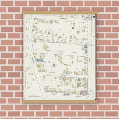 Old map wall art mockup — magnetic wood frame on brick wall — Sanborn Fire Insurance Map from New Rochelle, Westchester County, New York (1887), Sheet #0002