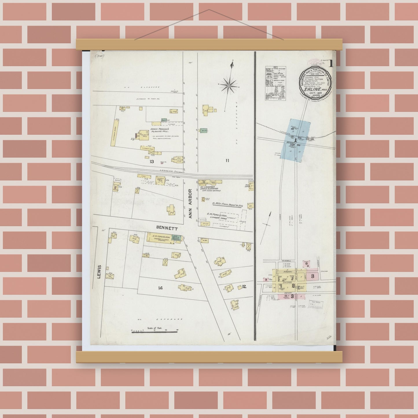 Old map wall art mockup — magnetic wood frame on brick wall — Sanborn Fire Insurance Map from Saline, Washtenaw County, Michigan (1888) - Complete Map Set
