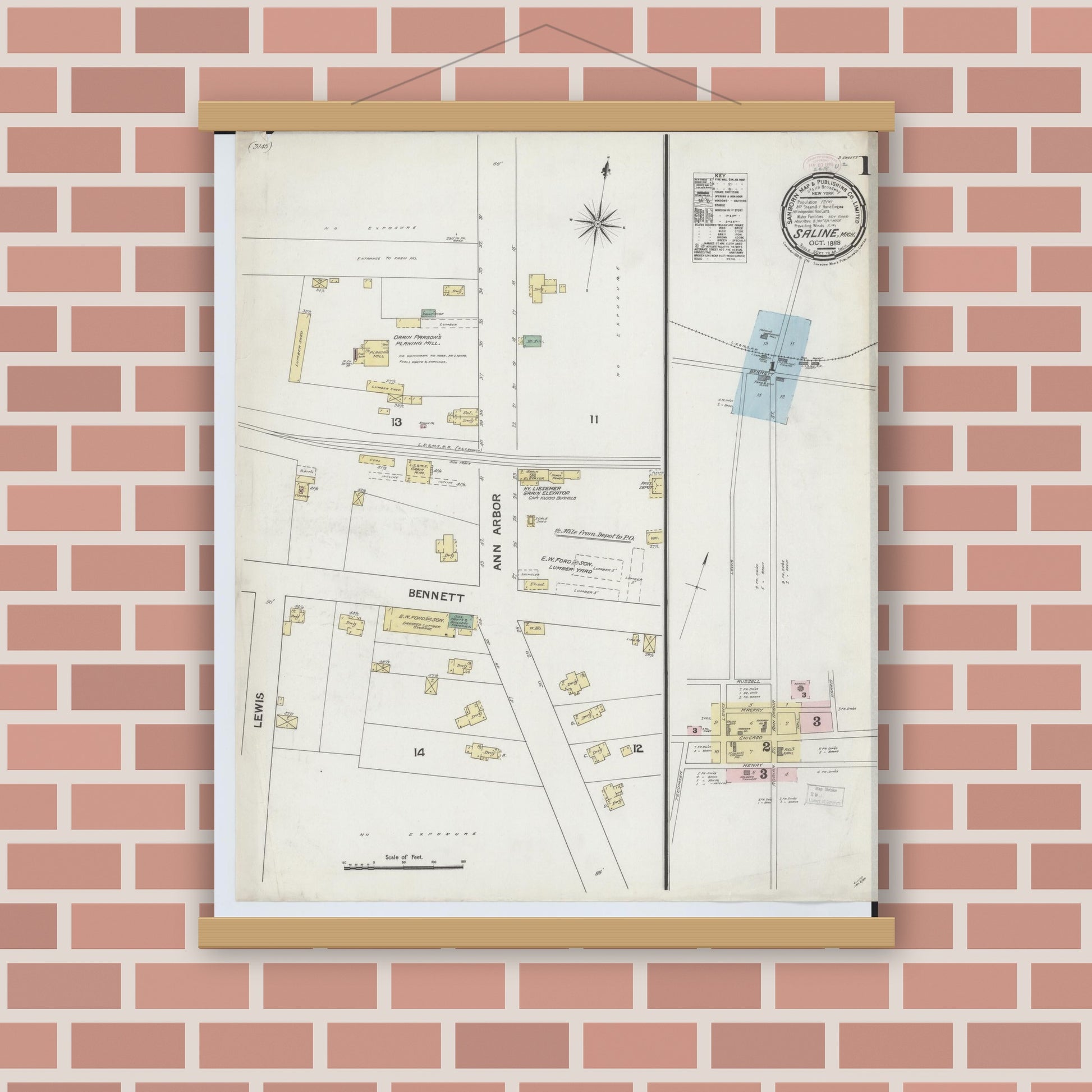Old map wall art mockup — magnetic wood frame on brick wall — Sanborn Fire Insurance Map from Saline, Washtenaw County, Michigan (1888) - Complete Map Set