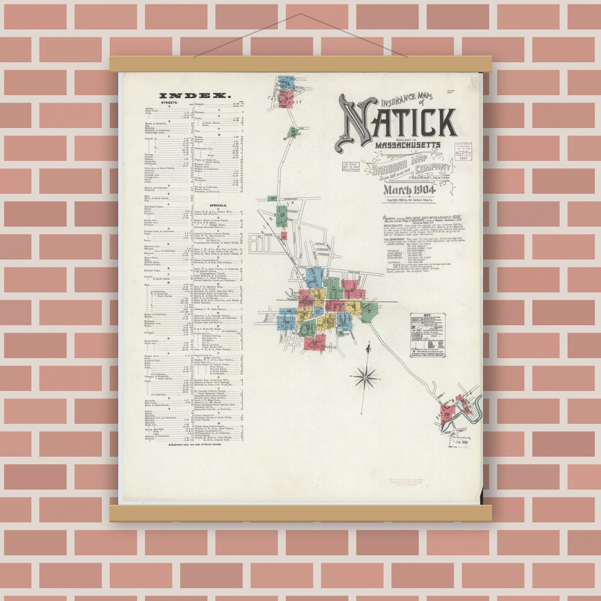 Old map wall art mockup — magnetic wood frame on brick wall — Sanborn Fire Insurance Map from Natick, Middlesex County, Massachusetts (1904), Sheet #0001
