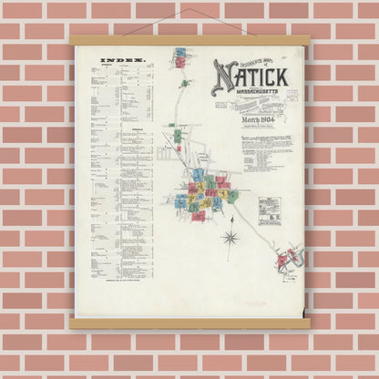 Old map wall art mockup — magnetic wood frame on brick wall — Sanborn Fire Insurance Map from Natick, Middlesex County, Massachusetts (1904), Sheet #0001
