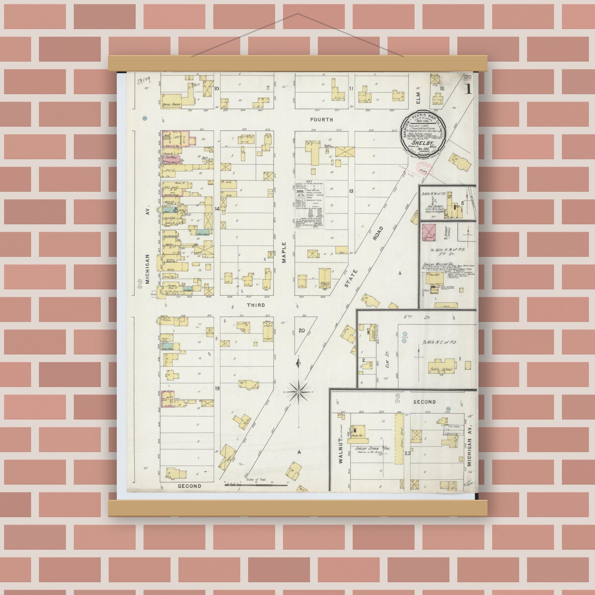 Old map wall art mockup — magnetic wood frame on brick wall — Sanborn Fire Insurance Map from Shelby, Oceana County, Michigan (1894) - Complete Map Set