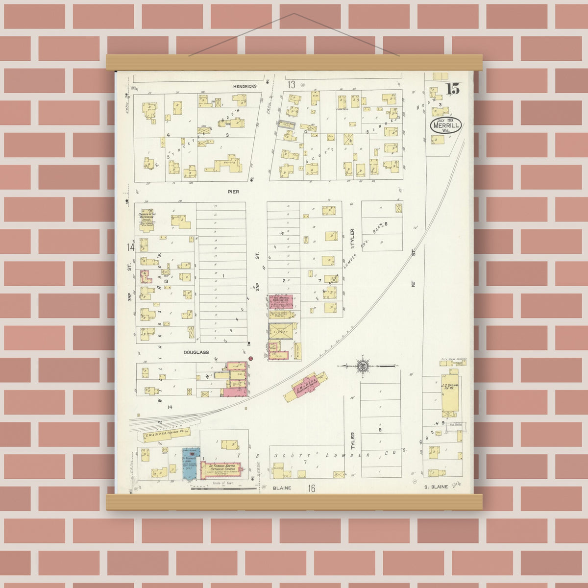 Old map wall art mockup — magnetic wood frame on brick wall — Sanborn Fire Insurance Map from Merrill, Lincoln County, Wisconsin (1913), Sheet #0015