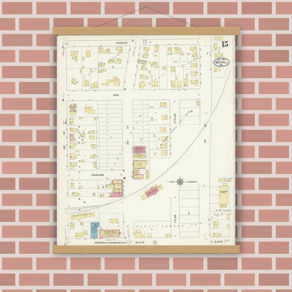 Old map wall art mockup — magnetic wood frame on brick wall — Sanborn Fire Insurance Map from Merrill, Lincoln County, Wisconsin (1913), Sheet #0015