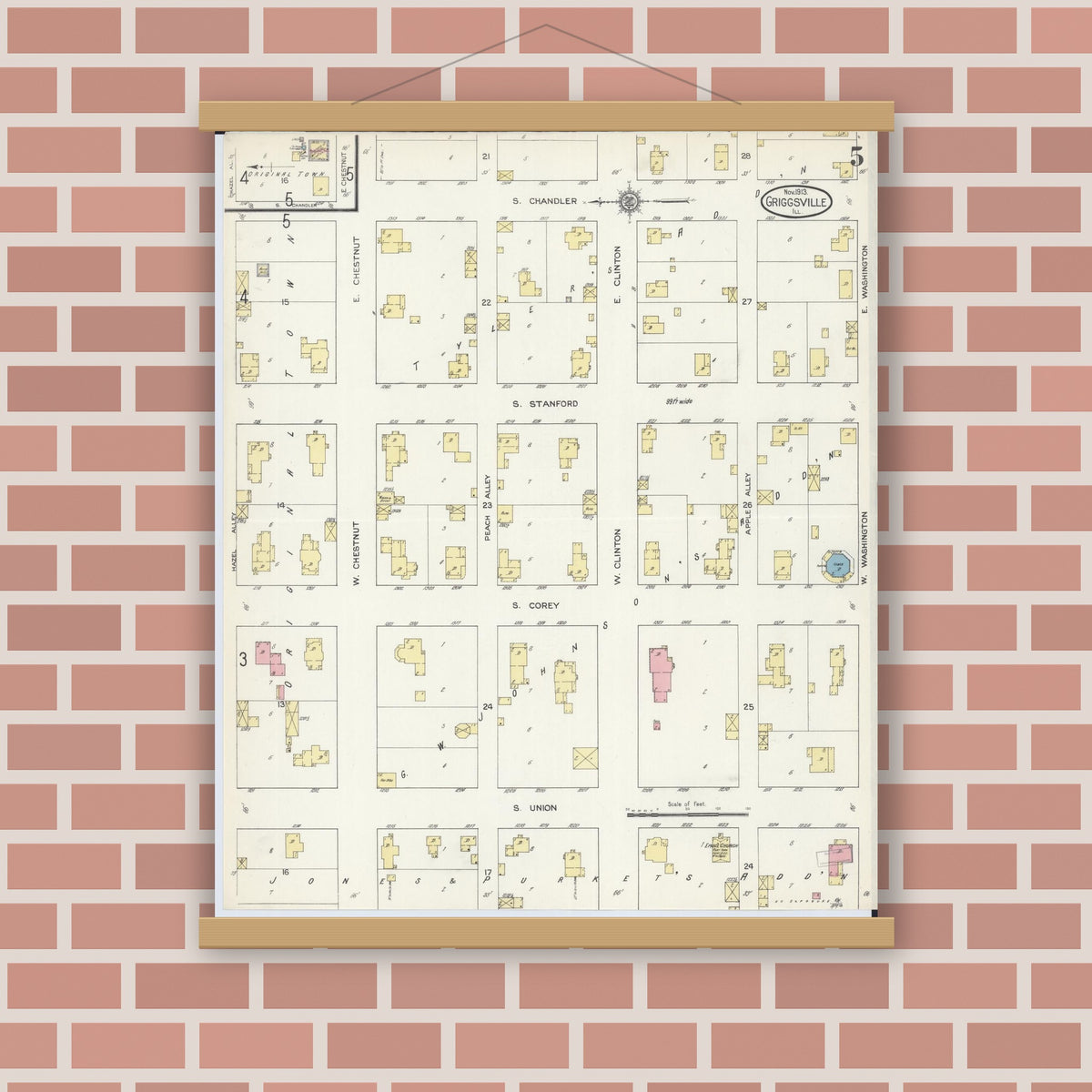 Old map wall art mockup — magnetic wood frame on brick wall — Sanborn Fire Insurance Map from Griggsville, Pike County, Illinois (1913), Sheet #0005