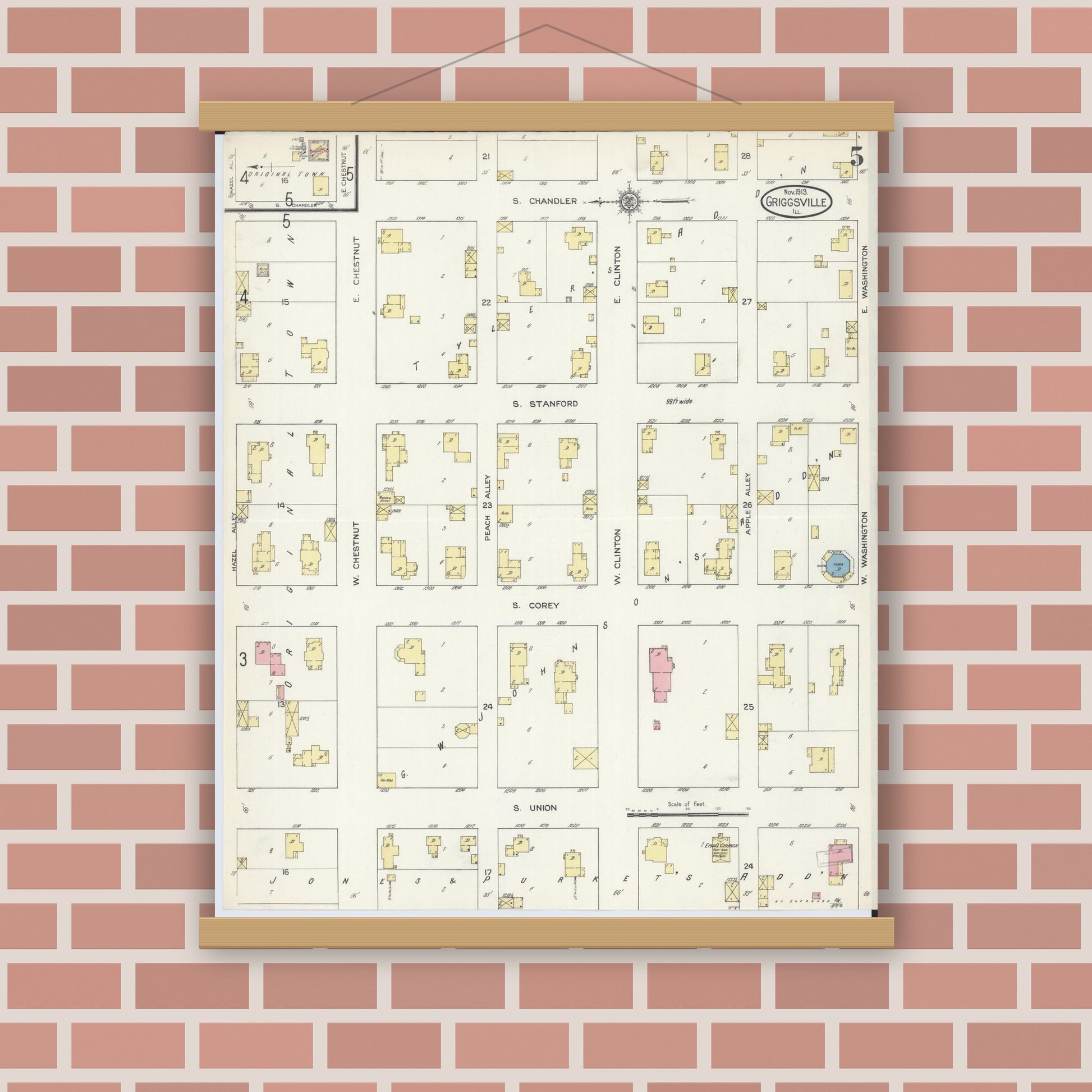 Old map wall art mockup — magnetic wood frame on brick wall — Sanborn Fire Insurance Map from Griggsville, Pike County, Illinois (1913), Sheet #0005