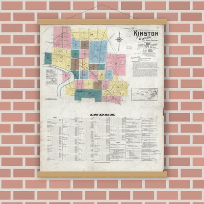 Old map wall art mockup — magnetic wood frame on brick wall — Sanborn Fire Insurance Map from Kinston, Lenoir County, North Carolina (1925), Sheet #0001