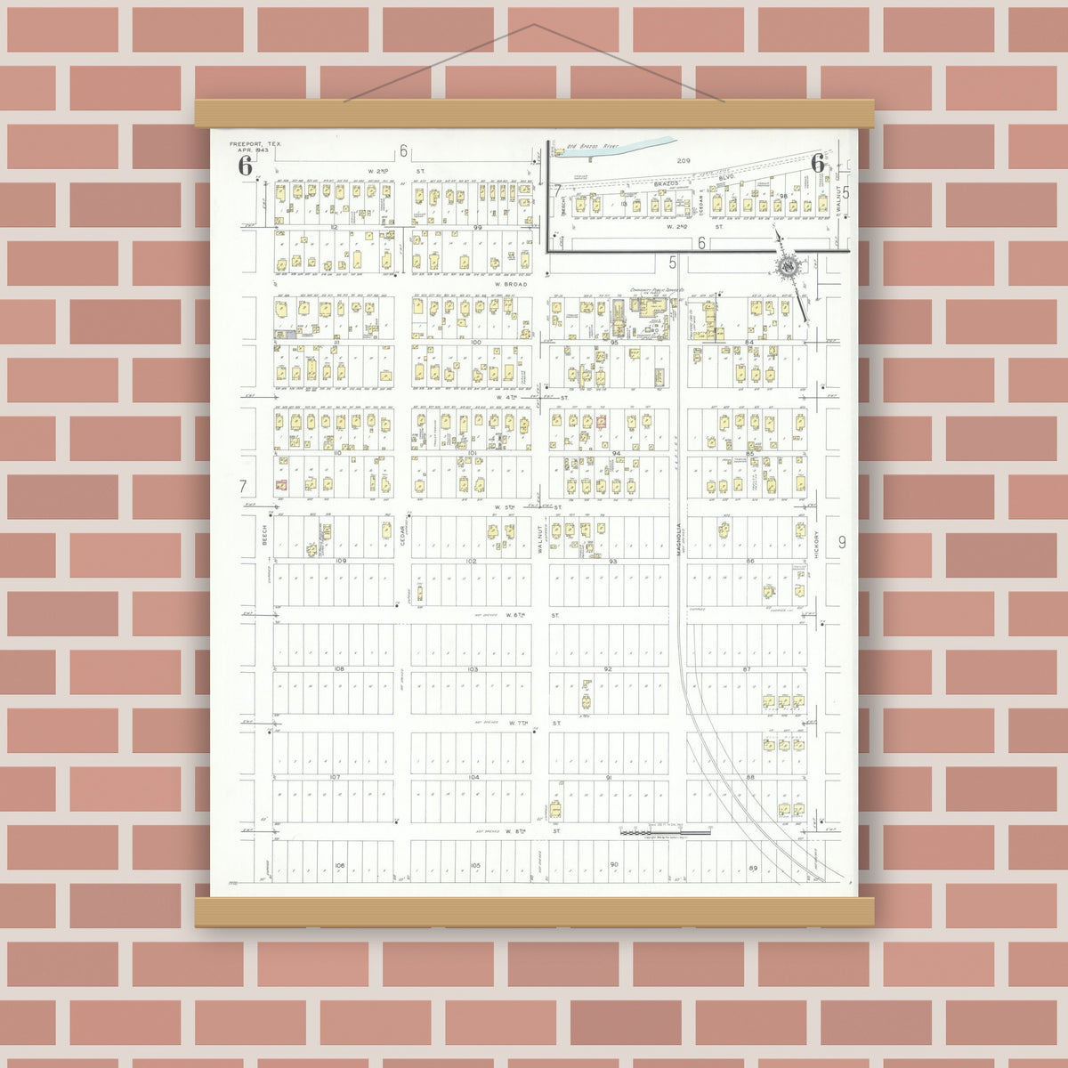 Old map wall art mockup — magnetic wood frame on brick wall — Sanborn Fire Insurance Map from Freeport, Brazoria County, Texas (1943), Sheet #0006