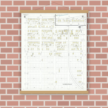 Old map wall art mockup — magnetic wood frame on brick wall — Sanborn Fire Insurance Map from Freeport, Brazoria County, Texas (1943), Sheet #0006