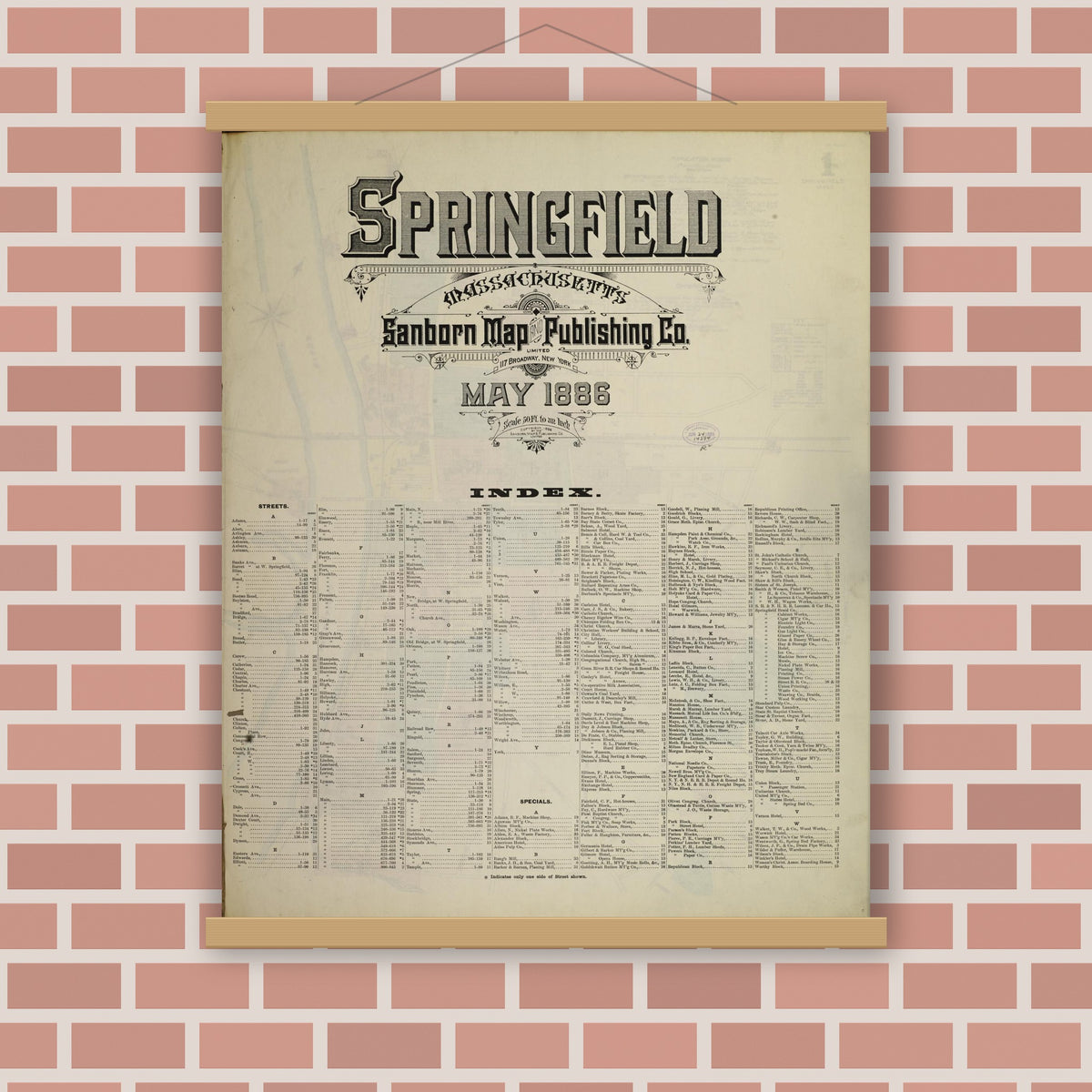 Old map wall art mockup — magnetic wood frame on brick wall — Sanborn Fire Insurance Map from Springfield, Hampden County, Massachusetts (1886), Sheet #0001