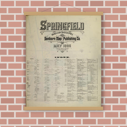 Old map wall art mockup — magnetic wood frame on brick wall — Sanborn Fire Insurance Map from Springfield, Hampden County, Massachusetts (1886), Sheet #0001