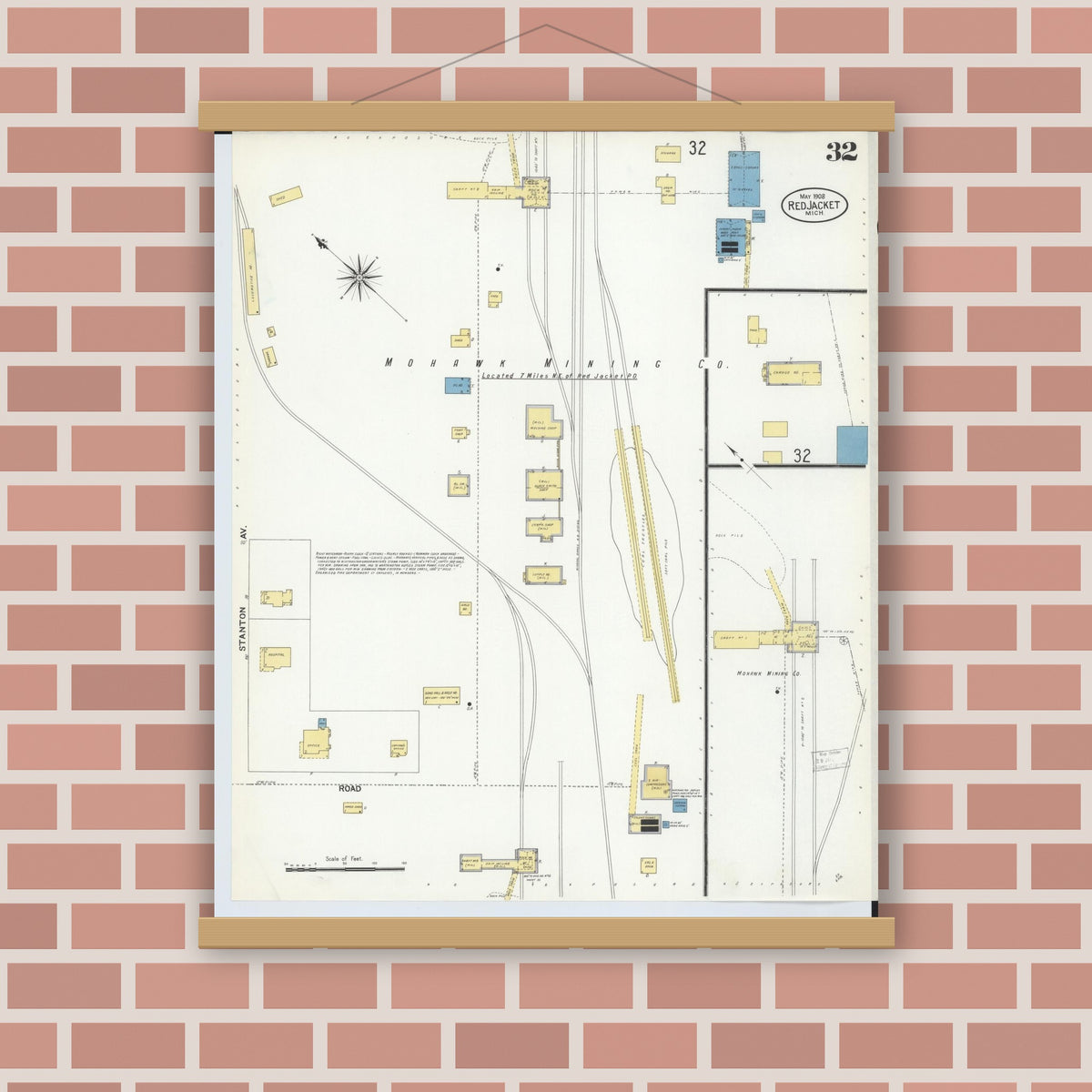Old map wall art mockup — magnetic wood frame on brick wall — Sanborn Fire Insurance Map from Red Jacket, Houghton County, Michigan (1908), Sheet #0032