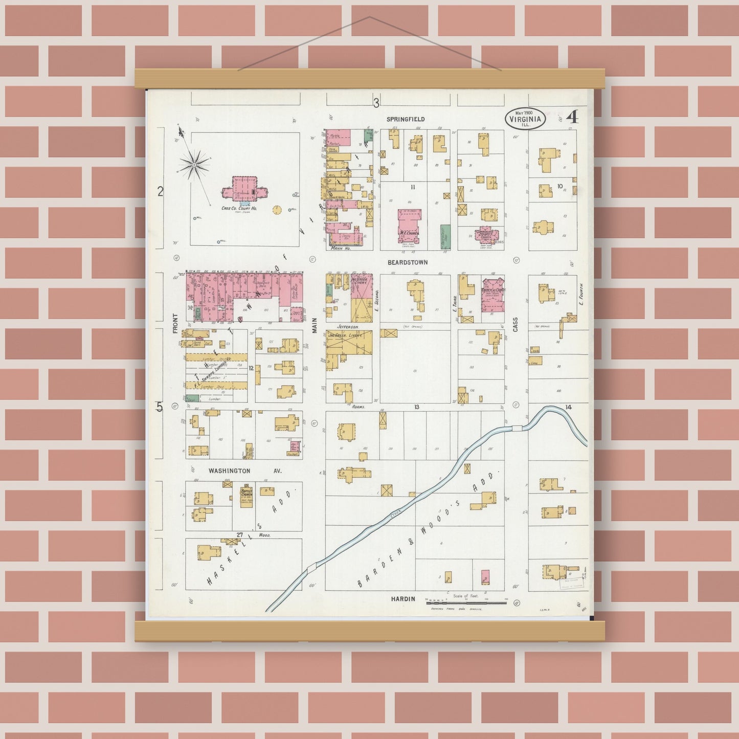 Old map wall art mockup — magnetic wood frame on brick wall — Sanborn Fire Insurance Map from Virginia, Cass County, Illinois (1900), Sheet #0004