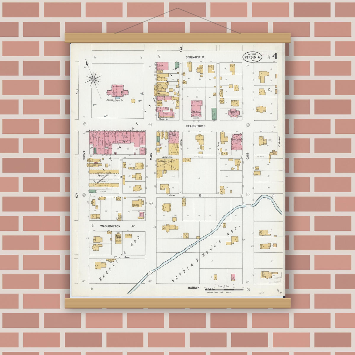 Old map wall art mockup — magnetic wood frame on brick wall — Sanborn Fire Insurance Map from Virginia, Cass County, Illinois (1900), Sheet #0004