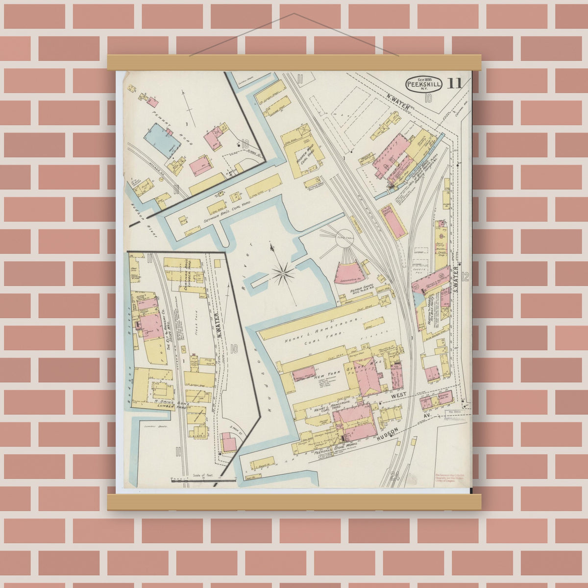 Old map wall art mockup — magnetic wood frame on brick wall — Sanborn Fire Insurance Map from Peekskill, Westchester County, New York (1895), Sheet #0011