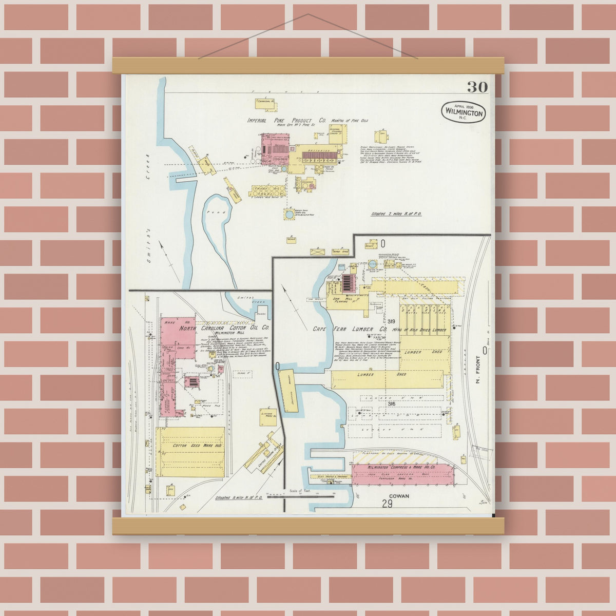 Old map wall art mockup — magnetic wood frame on brick wall — Sanborn Fire Insurance Map from Wilmington, New Hanover County, North Carolina (1898), Sheet #0030