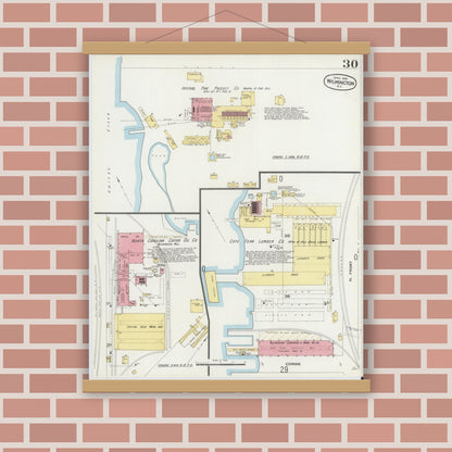 Old map wall art mockup — magnetic wood frame on brick wall — Sanborn Fire Insurance Map from Wilmington, New Hanover County, North Carolina (1898), Sheet #0030