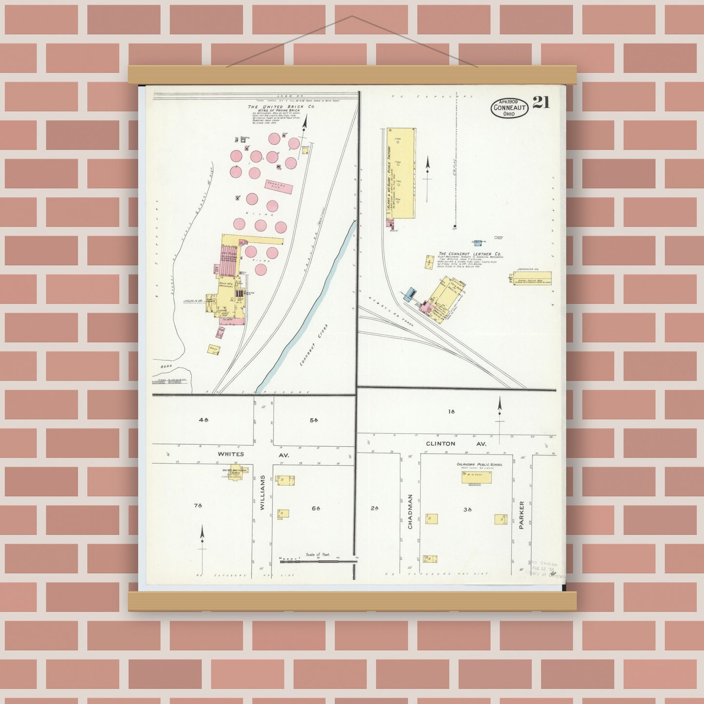 Old map wall art mockup — magnetic wood frame on brick wall — Sanborn Fire Insurance Map from Conneaut, Ashtabula County, Ohio (1909), Sheet #0021
