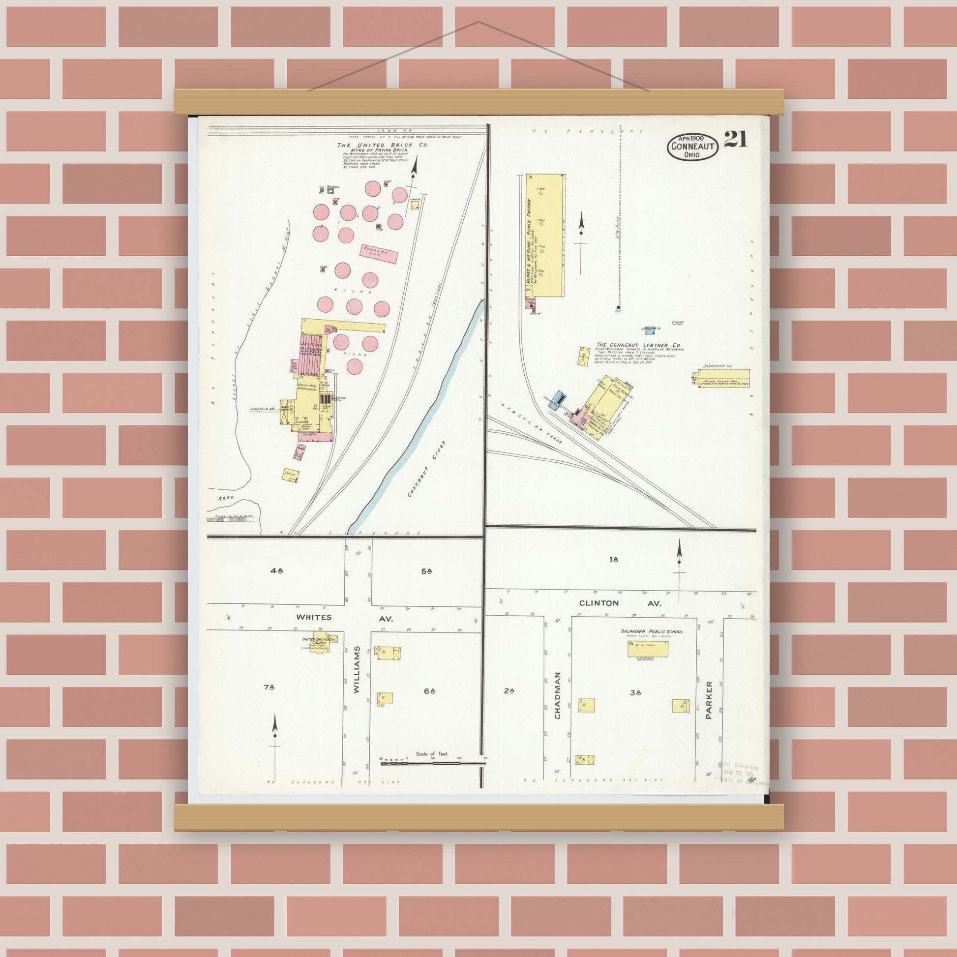 Old map wall art mockup — magnetic wood frame on brick wall — Sanborn Fire Insurance Map from Conneaut, Ashtabula County, Ohio (1909), Sheet #0021