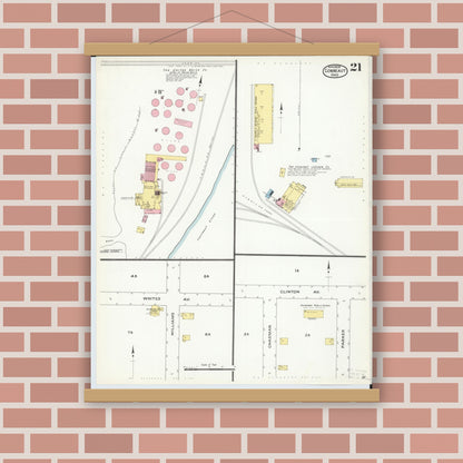 Old map wall art mockup — magnetic wood frame on brick wall — Sanborn Fire Insurance Map from Conneaut, Ashtabula County, Ohio (1909), Sheet #0021