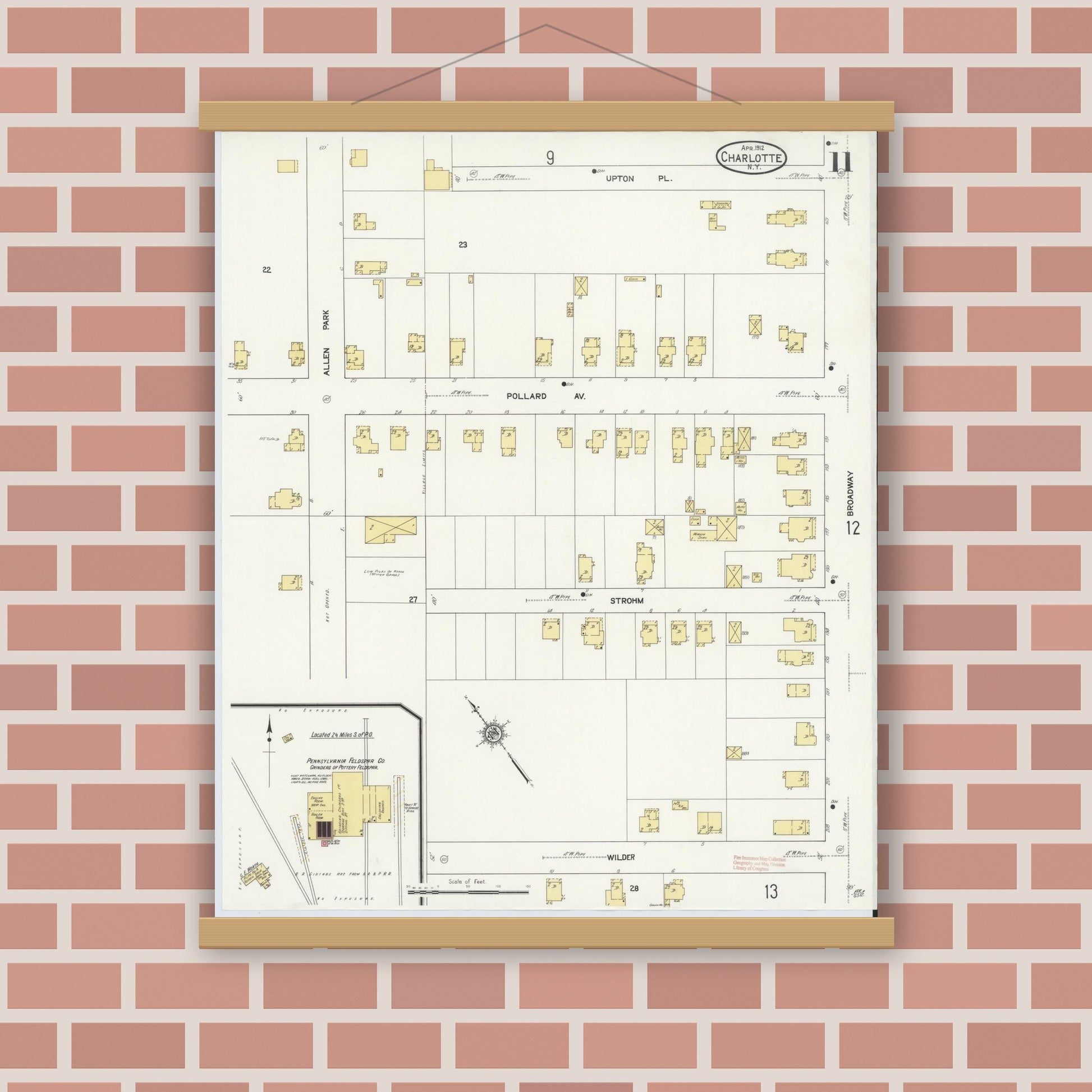 Old map wall art mockup — magnetic wood frame on brick wall — Sanborn Fire Insurance Map from Charlotte, Monroe County, New York (1912), Sheet #0011