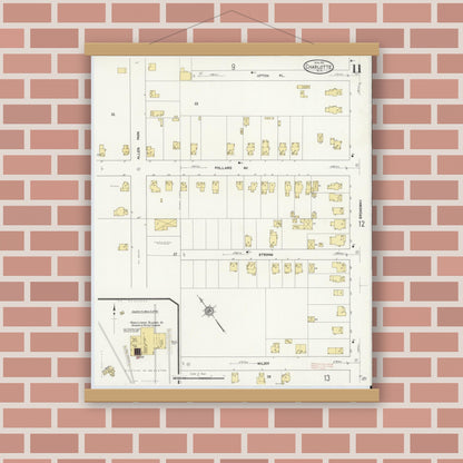 Old map wall art mockup — magnetic wood frame on brick wall — Sanborn Fire Insurance Map from Charlotte, Monroe County, New York (1912), Sheet #0011