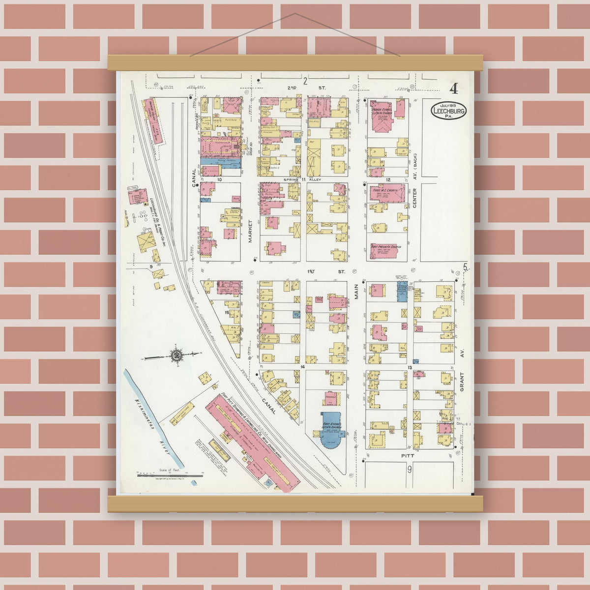 Old map wall art mockup — magnetic wood frame on brick wall — Sanborn Fire Insurance Map from Leechburg, Armstrong County, Pennsylvania (1919), Sheet #0004