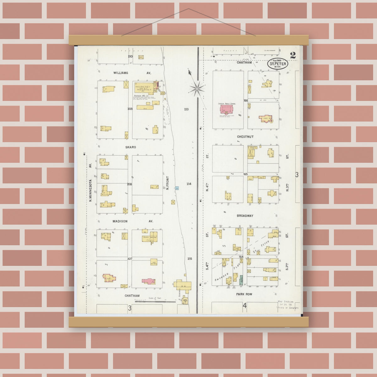 Old map wall art mockup — magnetic wood frame on brick wall — Sanborn Fire Insurance Map from Saint Peter, Nicollet County, Minnesota (1900), Sheet #0002