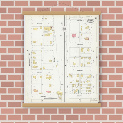 Old map wall art mockup — magnetic wood frame on brick wall — Sanborn Fire Insurance Map from Saint Peter, Nicollet County, Minnesota (1900), Sheet #0002