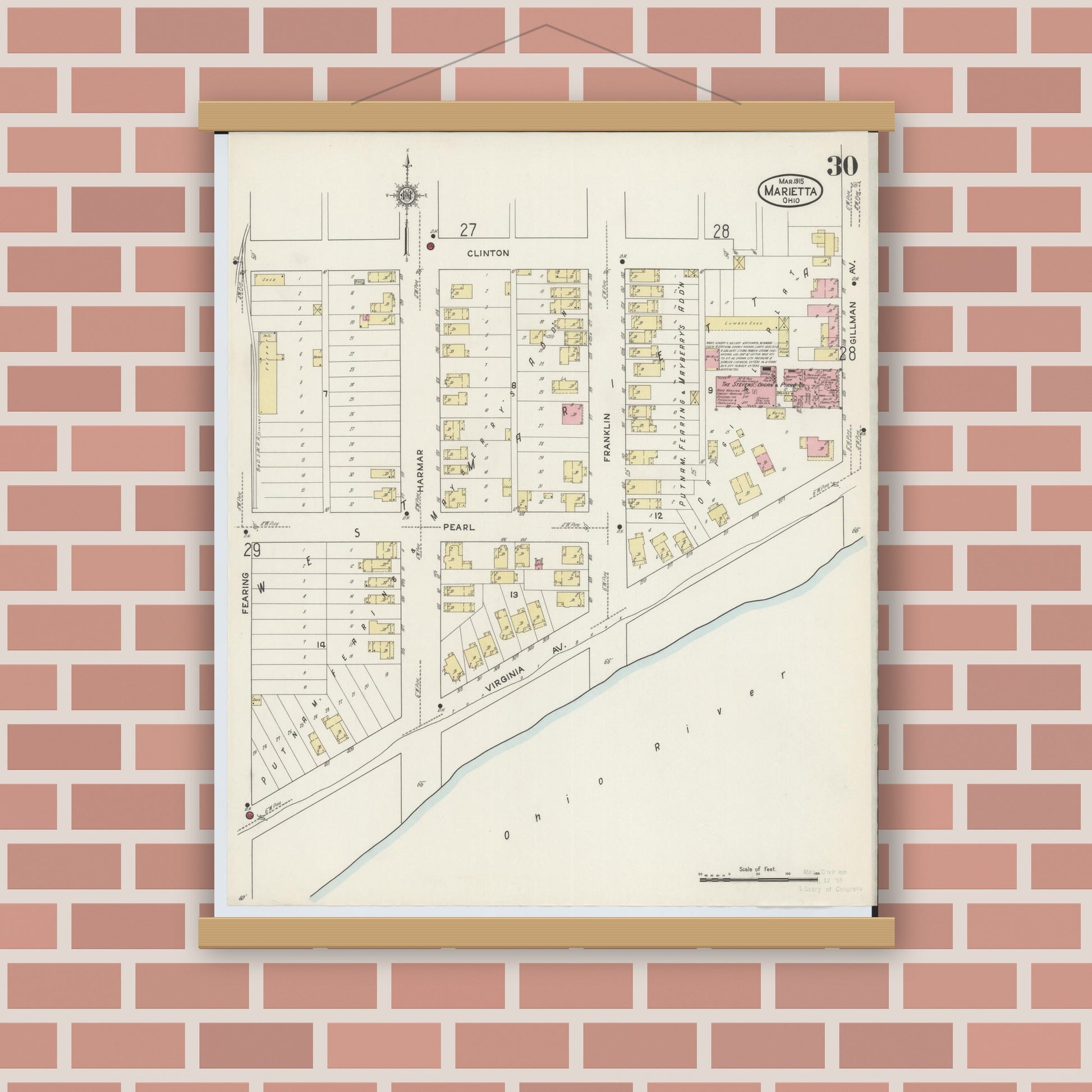Old map wall art mockup — magnetic wood frame on brick wall — Sanborn Fire Insurance Map from Marietta, Washington County, Ohio (1915), Sheet #0030