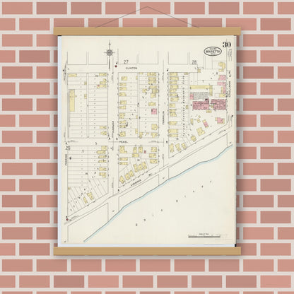 Old map wall art mockup — magnetic wood frame on brick wall — Sanborn Fire Insurance Map from Marietta, Washington County, Ohio (1915), Sheet #0030