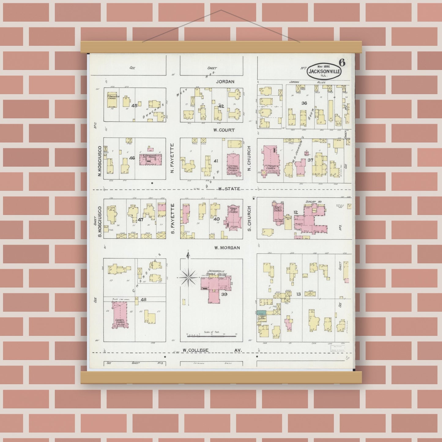 Old map wall art mockup — magnetic wood frame on brick wall — Sanborn Fire Insurance Map from Jacksonville, Morgan County, Illinois (1892), Sheet #0006