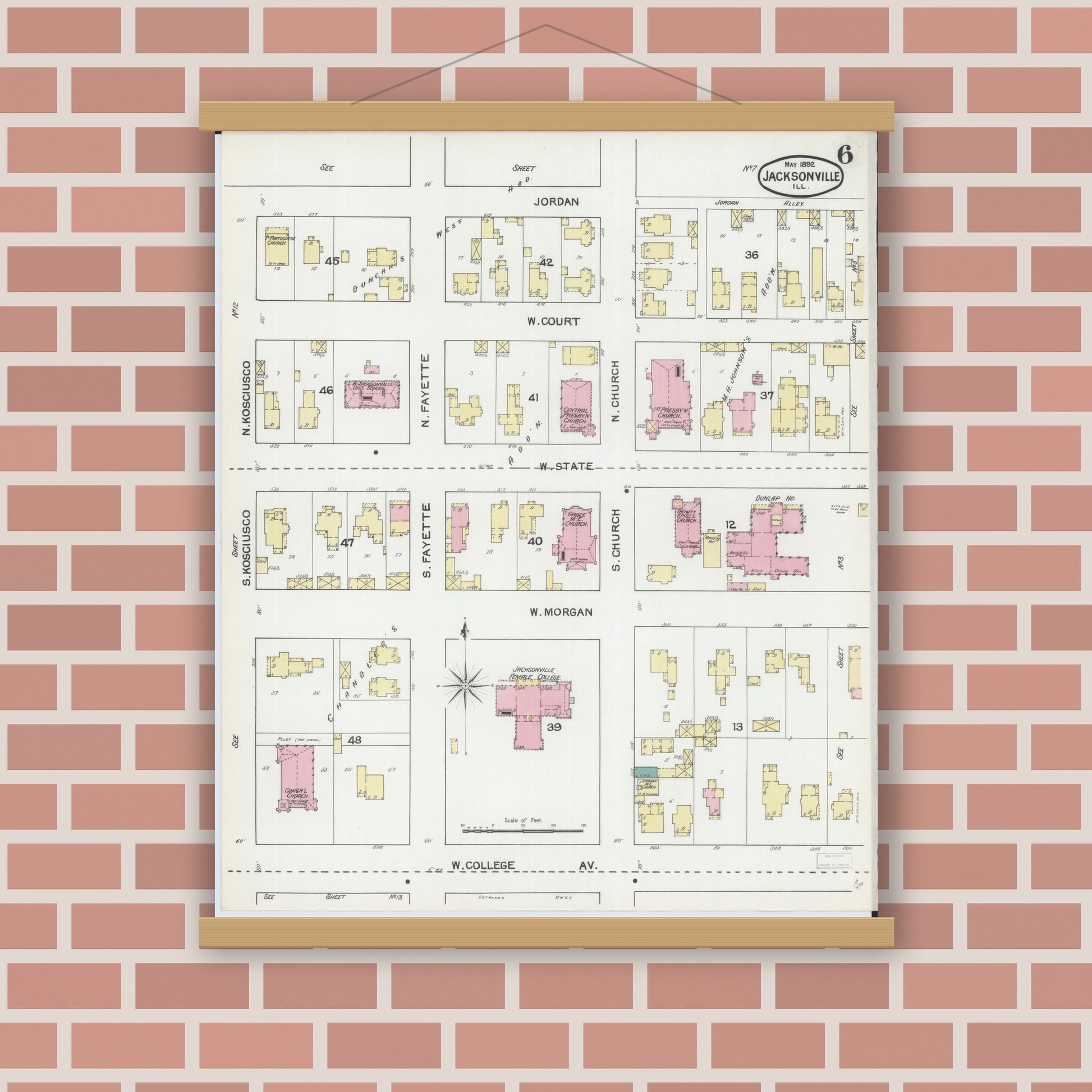 Old map wall art mockup — magnetic wood frame on brick wall — Sanborn Fire Insurance Map from Jacksonville, Morgan County, Illinois (1892), Sheet #0006