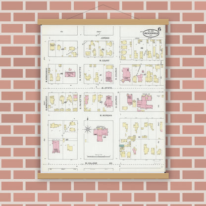 Old map wall art mockup — magnetic wood frame on brick wall — Sanborn Fire Insurance Map from Jacksonville, Morgan County, Illinois (1892), Sheet #0006