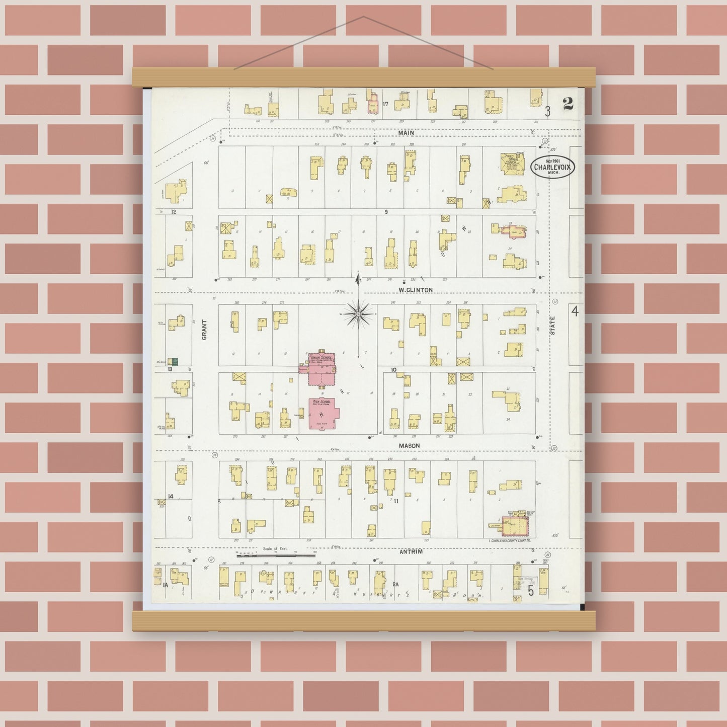 Old map wall art mockup — magnetic wood frame on brick wall — Sanborn Fire Insurance Map from Charlevoix, Charlevoix County, Michigan (1901), Sheet #0002