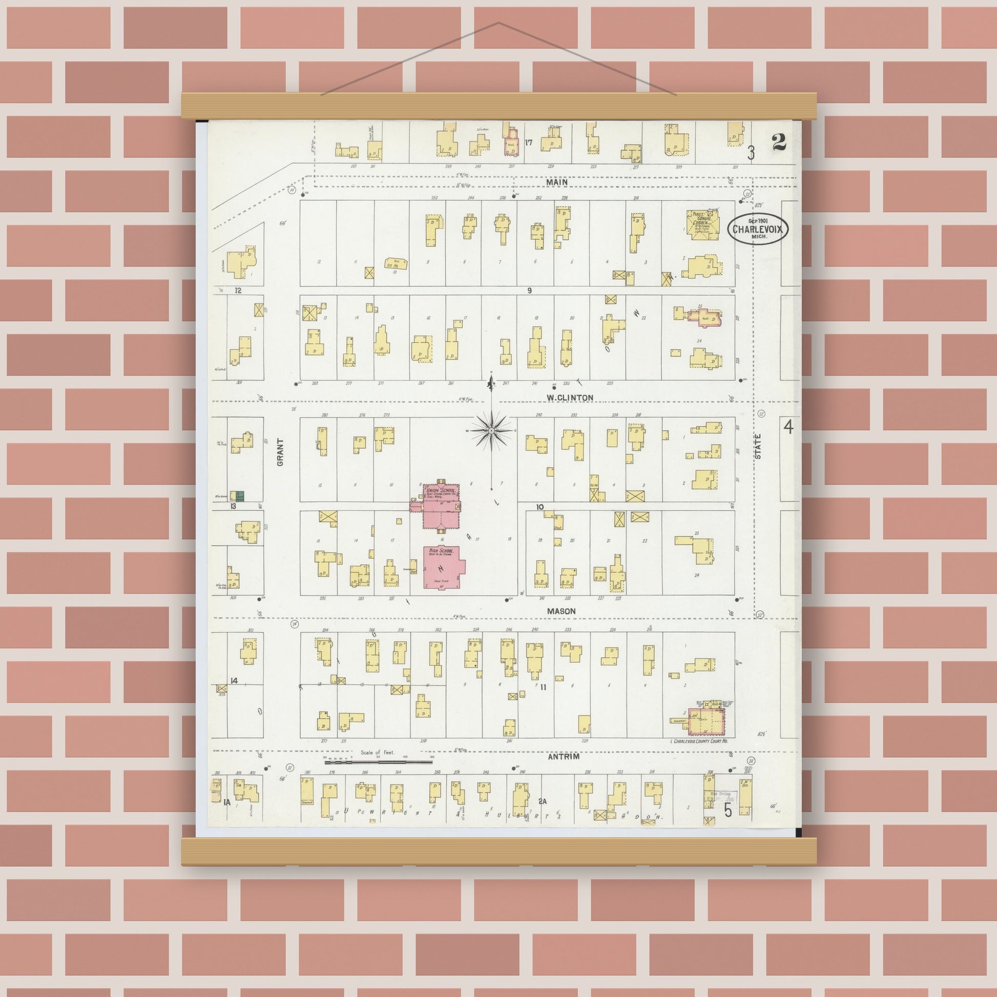 Old map wall art mockup — magnetic wood frame on brick wall — Sanborn Fire Insurance Map from Charlevoix, Charlevoix County, Michigan (1901), Sheet #0002