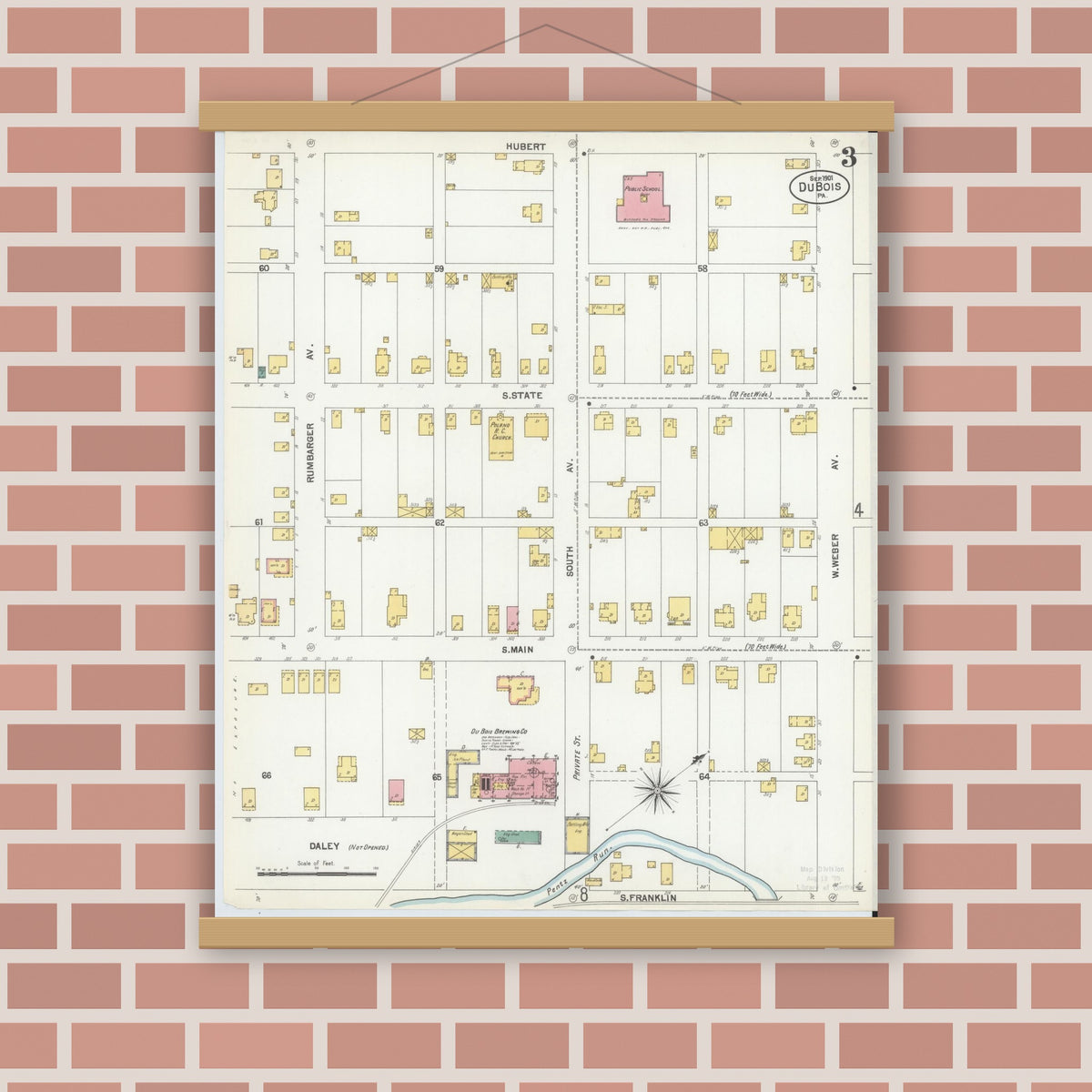 Old map wall art mockup — magnetic wood frame on brick wall — Sanborn Fire Insurance Map from Du Bois, Clearfield County, Pennsylvania (1901), Sheet #0003