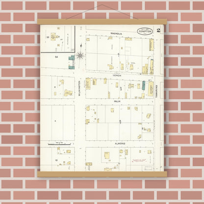 Old map wall art mockup — magnetic wood frame on brick wall — Sanborn Fire Insurance Map from Compton, Los Angeles County, California (1895), Sheet #0002