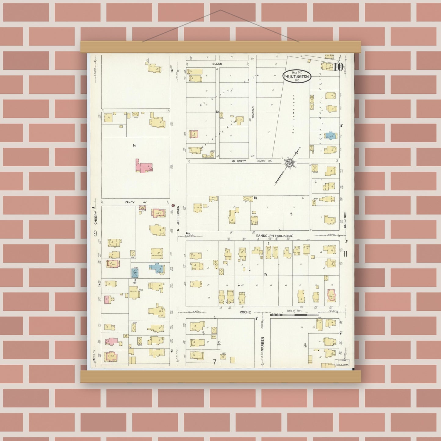 Old map wall art mockup — magnetic wood frame on brick wall — Sanborn Fire Insurance Map from Huntington, Huntington County, Indiana (1912), Sheet #0010