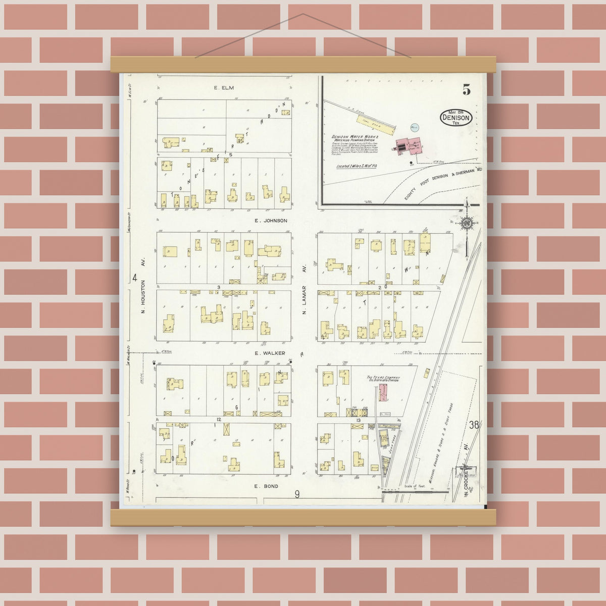 Old map wall art mockup — magnetic wood frame on brick wall — Sanborn Fire Insurance Map from Denison, Grayson County, Texas (1914), Sheet #0005